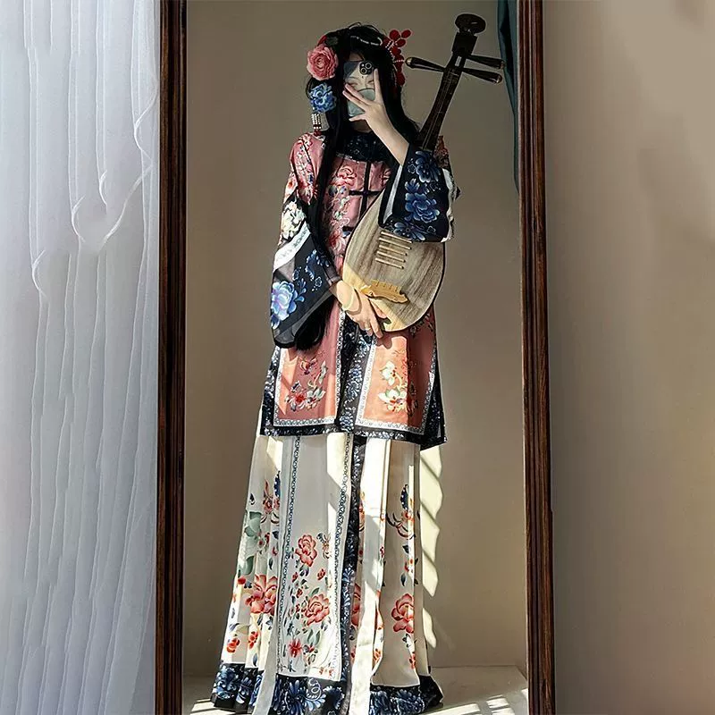 Оригинальный женский традиционный комплект ханьфу династии Цин с круглым вырезом, этнической одеждой, тяжелой вышивкой и новым стилем династии Цин.