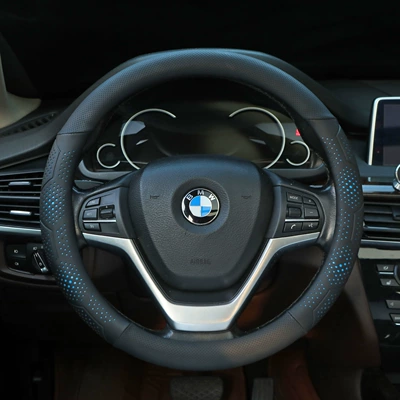 universal three-dimensional embossed elastic leather, Steering wheel cover - blue-36cm-round