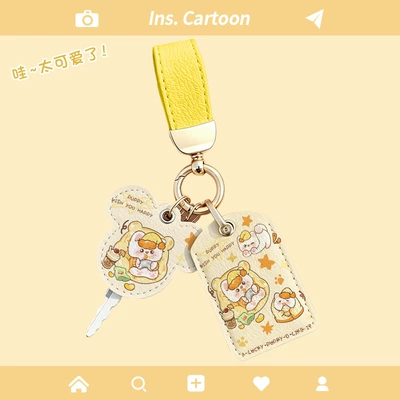 Bus Card – Electric vehicle key cover shell - dual-card-holder-yellow-leather-buckle-yellow-puppy