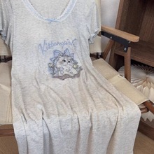 睡裙设计猫咪2024短袖莫代尔新款韩版ins睡衣夏季可外家居服套装