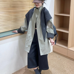 2025韩版气质宽松显瘦带披肩中长款拼色翻袖风衣女秋季皮衣外套潮