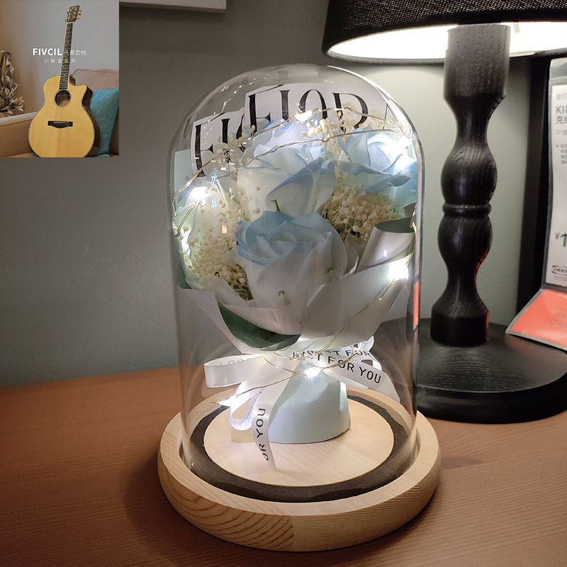 [특별 프로모션] 스프링 리듬 - 으아이스 블루 장미 5개 - 선물 가방 + 축하 카드 + 배터리 증정 [완제품 배송]