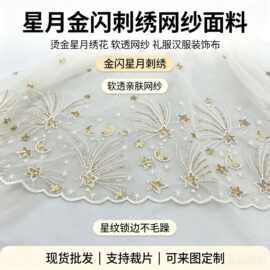 厂家现货 星月烟花金片绣花网纱 波浪花边刺绣面料 舞台演出服公