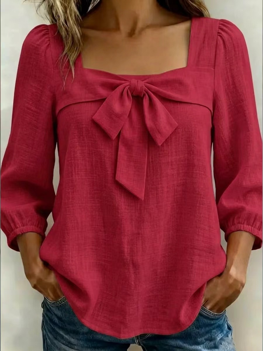 Women's Clothing Women's Style Square Neck Blouse Bow Tie Top Puff Sleeves Three Quarter Length Elegant Outfit_ecoleips.com