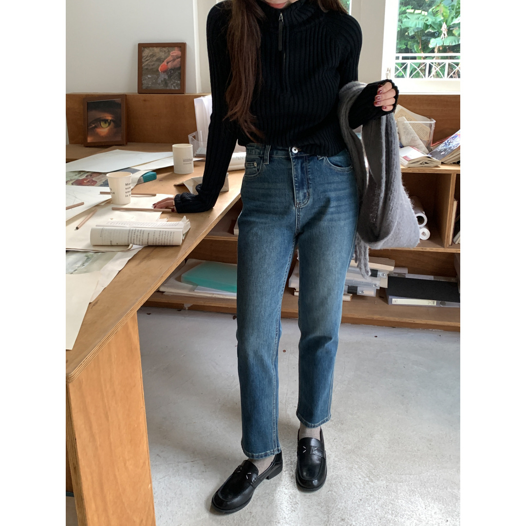 Gagd Women's High-Waisted Slimming Stretch Straight-Leg Cropped Jeans for Petite Figures