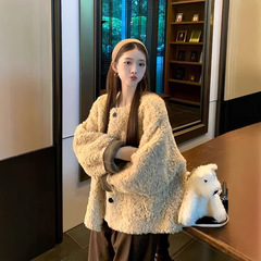 温柔风保暖羊羔毛外套女装冬季韩系慵懒风宽松休闲黑色毛绒绒上衣