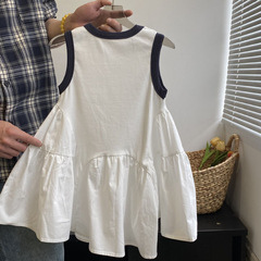 洋氣女童連衣裙童裝裙子2024新款夏季白色T恤裙撞色公主裙3-6歲