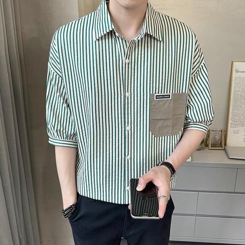 Pocket Summer Vertical Stripe Half-Sleeve Shirt for Men | Youth-Fit, Thin Mid-Sleeve Blouse