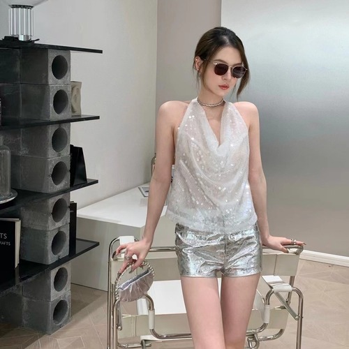 YIMENG European and American hot girl top niche design French heavy industry mesh sequin sequins swing collar halter top for women