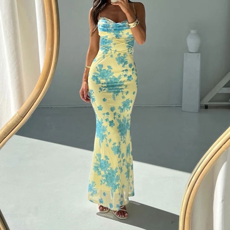 Amazon 2025 primavera nueva ropa de mujer europea y americana temperamento sexy bolso con cordones falda a la cadera vestido delgado floral