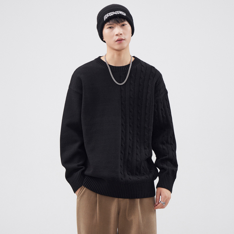 2024秋冬潮牌纯色棉质圆领针织衫男复古麻花拼接廓形毛衣