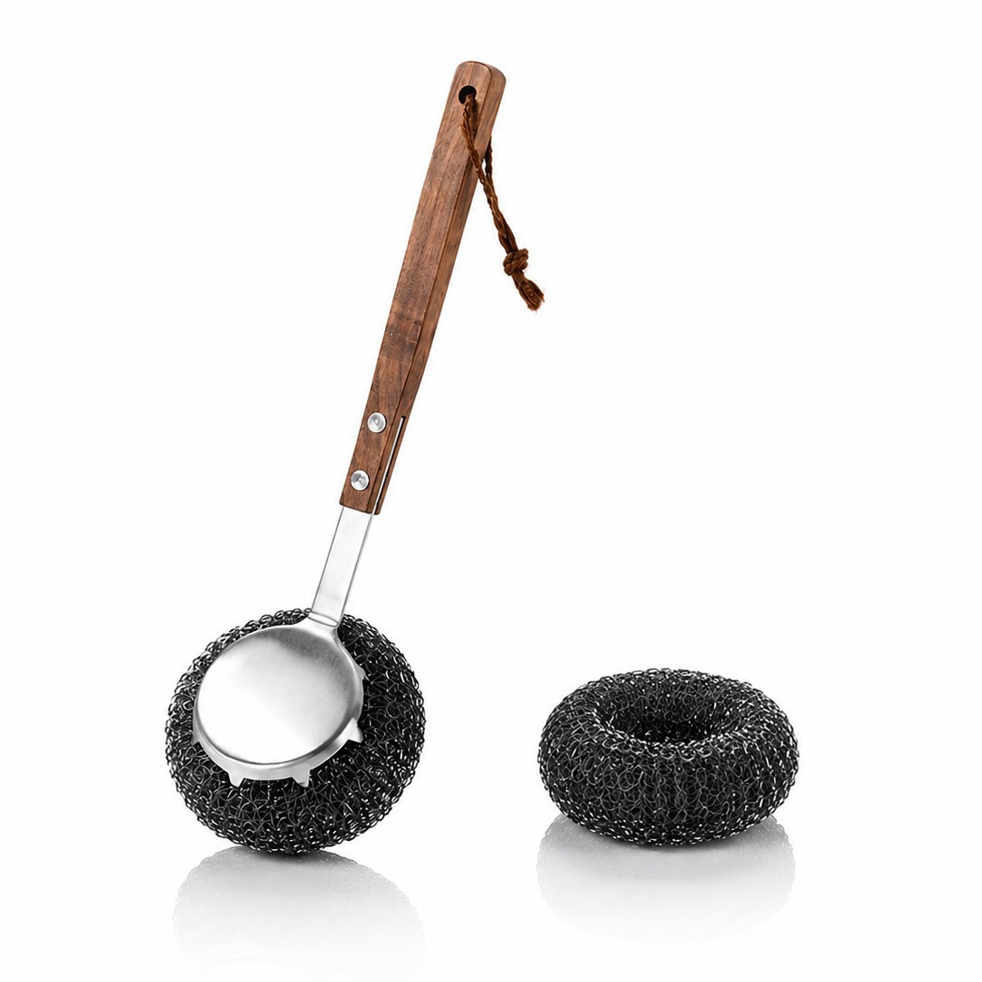 Cross-Border 304 Stainless Steel Pot Brush Walnut Wood Pot Cleaning Tool Kitchen Cleaning Brush with Replaceable Steel Wool Ball Special Brush