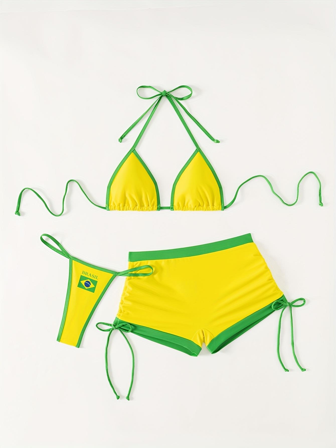Color Block Three Piece Swimsuit Bikini Set Sexy Beachwear Dopamine Free_voghion.com