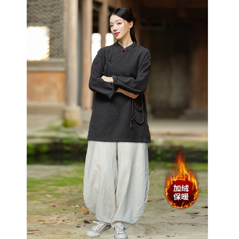 居士服女款秋冬加绒加厚棉麻上衣外套禅意佛系素衣套装打坐禅修服|undefined
