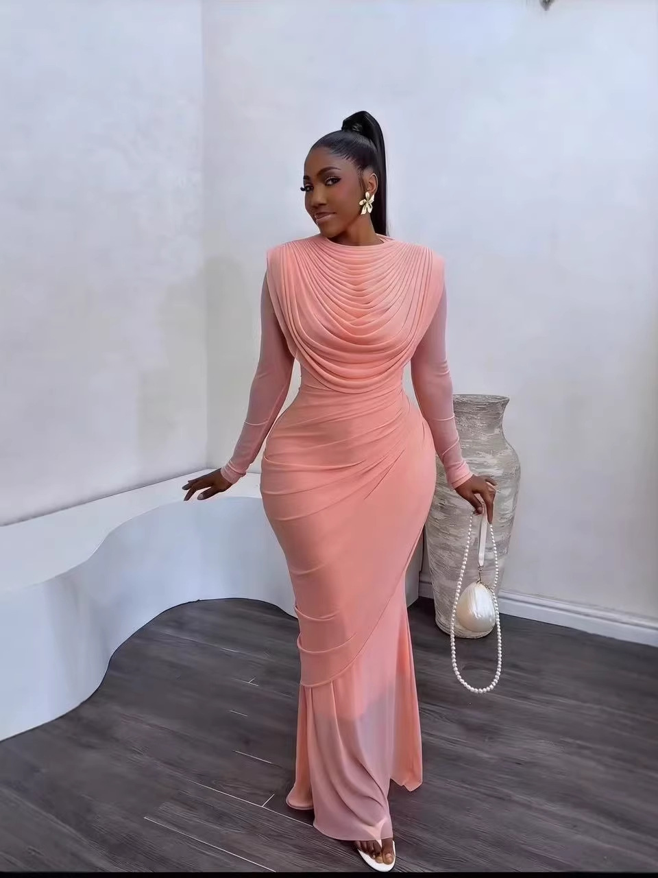 Elegant Mesh Draped Bodycon Midi Dress For Parties & Evening Events | Flattering High-Waist Design With Long Sleeves | Women's Fashion Cocktail Dress_ecoleips.com