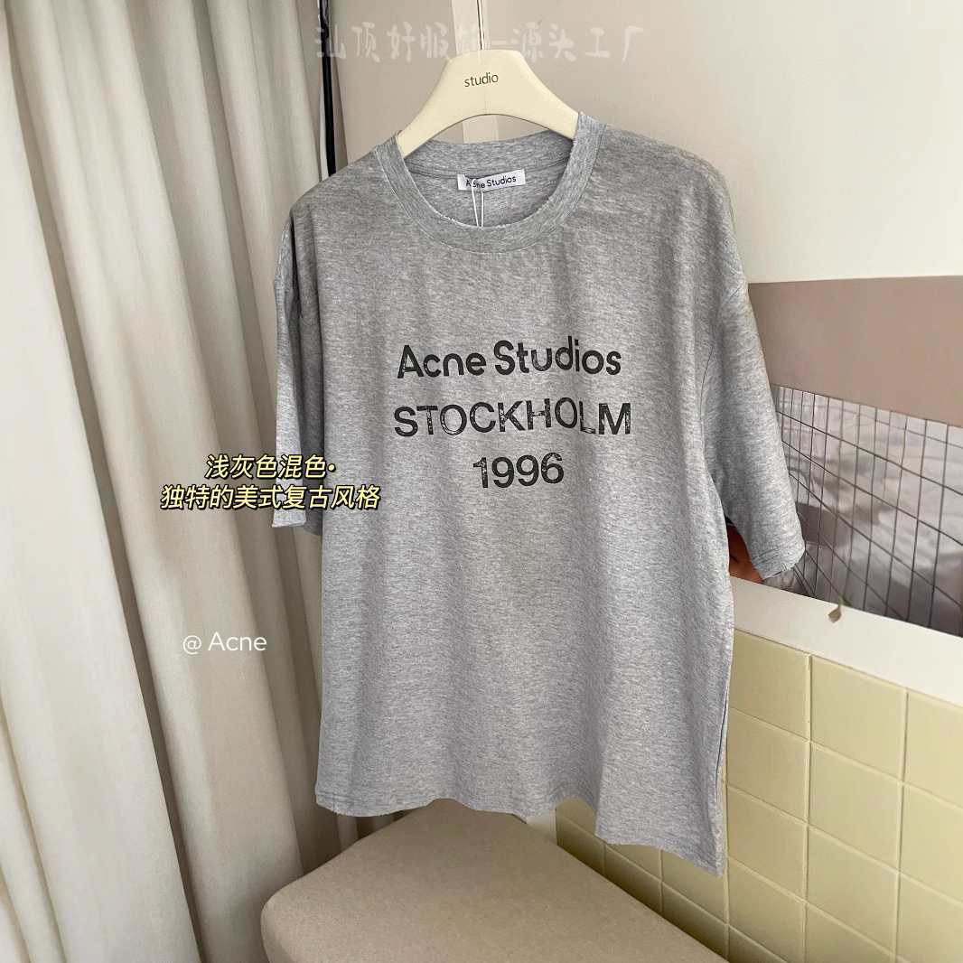 Ac Gray Round Neck Trendy Brand Letter Print New High Street Short-Sleeve T-Shirt Unisex Vintage Loose Fit Print 2025