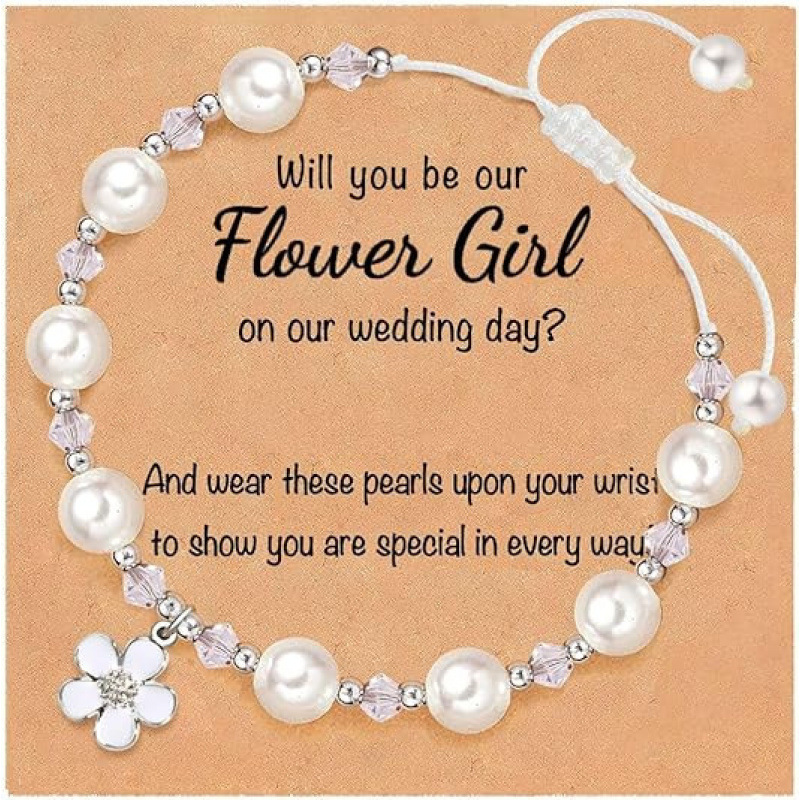 Pearl bracelet, flower girl diamond ring, bala beads, silver spacer beads, flower pendant, woven bracelet, flower white pearl bracelet