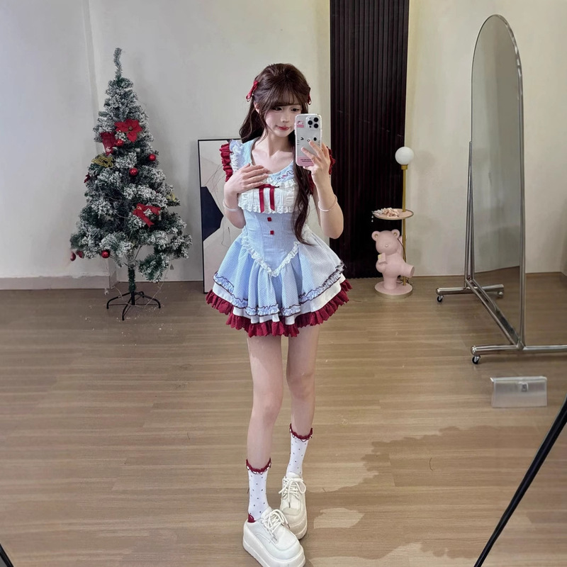 夏の新しい女の子のような甘くてかわいいブルーチェック柄リボン人形襟ドレスレーススカート|undefined