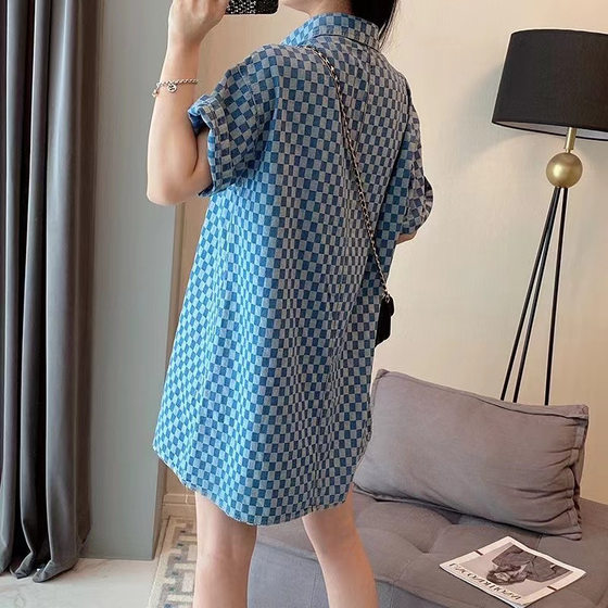 -Jin chubby girl Denim Blue dress Women's Summer New Oversize Mid-length Loose Short-sleeved T-shirt Skirt