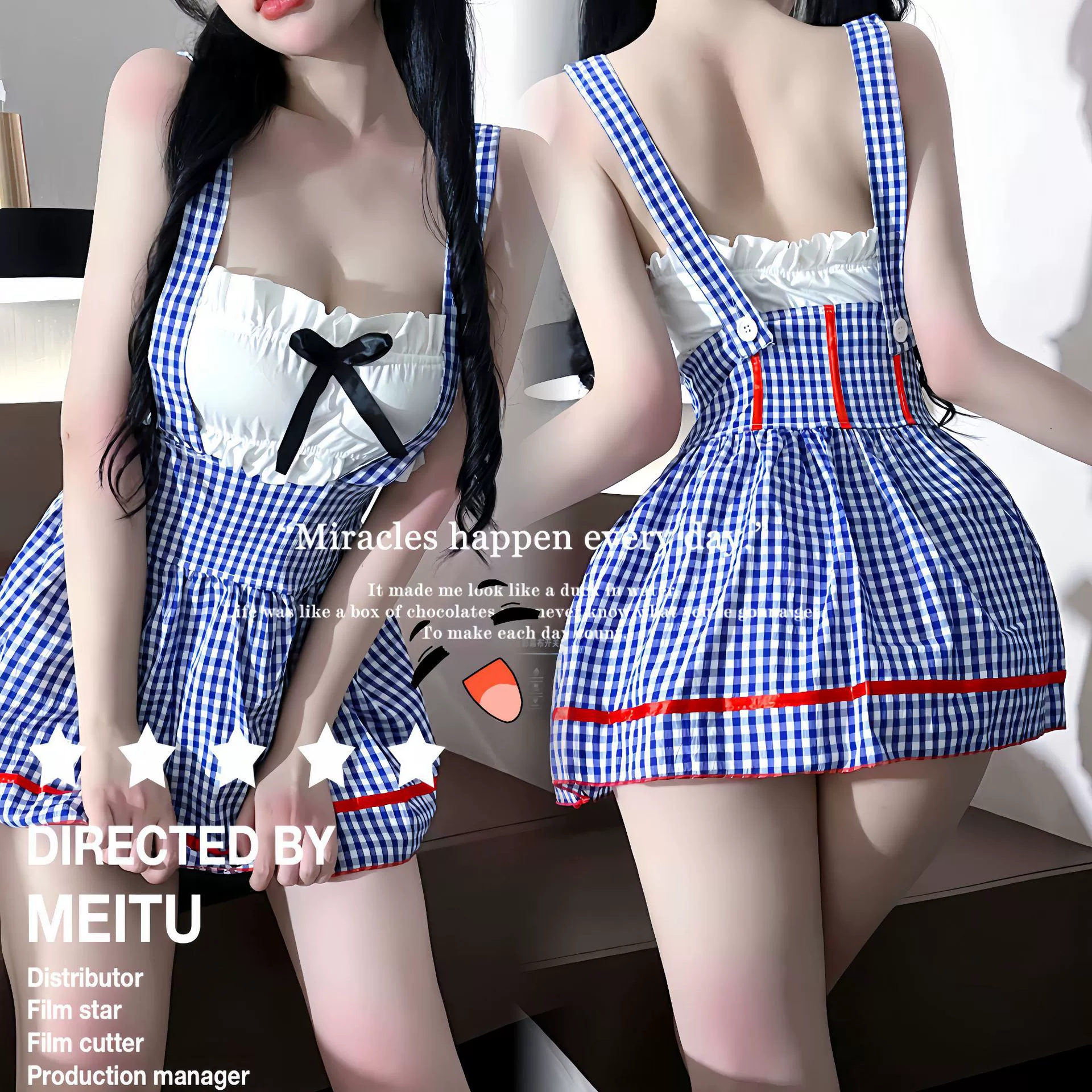 Sexy Lingerie Blue Lace Strapless Maid Uniform Cosplay Set for Women