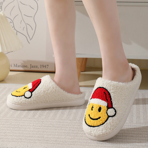 New style comfortable home cute cartoon Santa hat smiling face winter cotton slippers for men and women couples warm cotton slippers