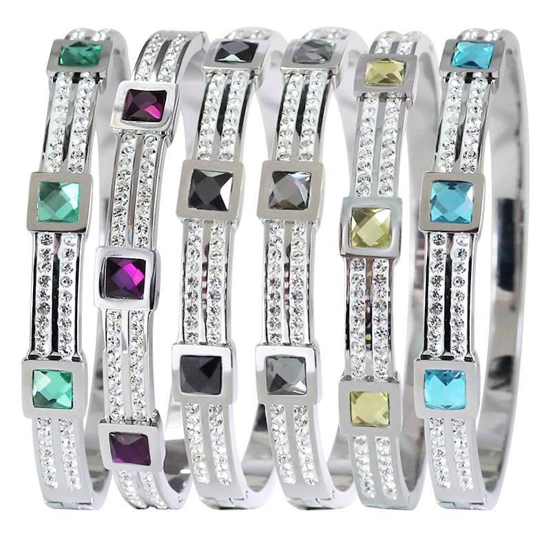 European and American titanium steel bracelet wholesale multi-color square diamond fashion stainless steel opening buckle bracelet women's bracelet full diamond bracelet