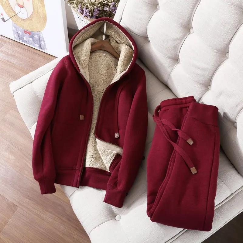 Fleece-lined thickened casual suit women's autumn and winter simple solid color slimming long sleeve hooded short jacket sports two-piece set