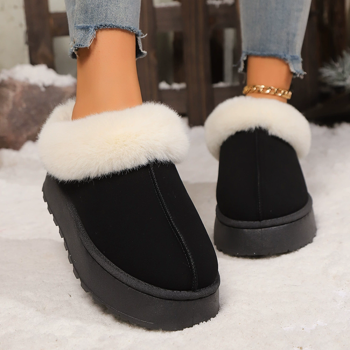 Platform ankle boots, faux‑fur lined warm slip‑on, plus sizes 36–43, black or yellow