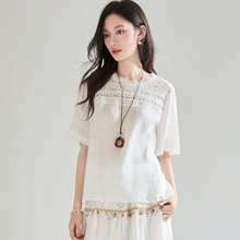 2025清仓夏 一梦浮生 重工蕾丝拼接100亚麻短袖宽松圆领上衣25303