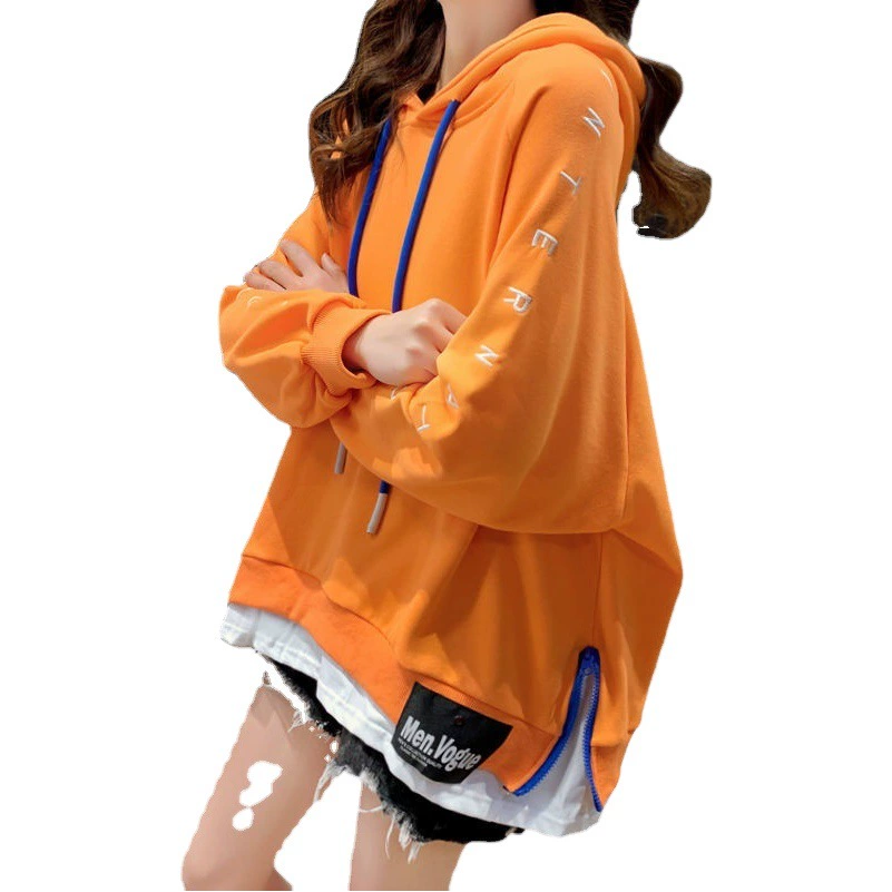 Поддельный свитер из двух частей с вышивкой, женский свободный темперамент с капюшоном, буквы для похудения, универсальный темперамент, тонкая верхняя одежда, топ, оптовая продажа