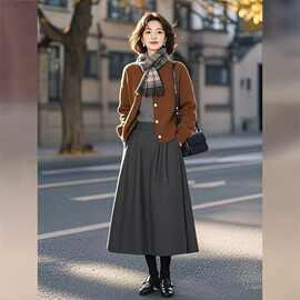 今年流行的女装套装春季穿搭2025早秋新款感棕色针织开衫a字伞裙