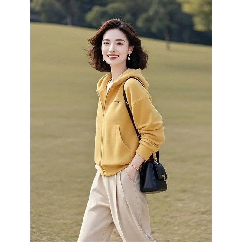 减龄漂亮洋气小个子短款显瘦百搭黄色连帽卫衣外套女2025春秋新款|undefined