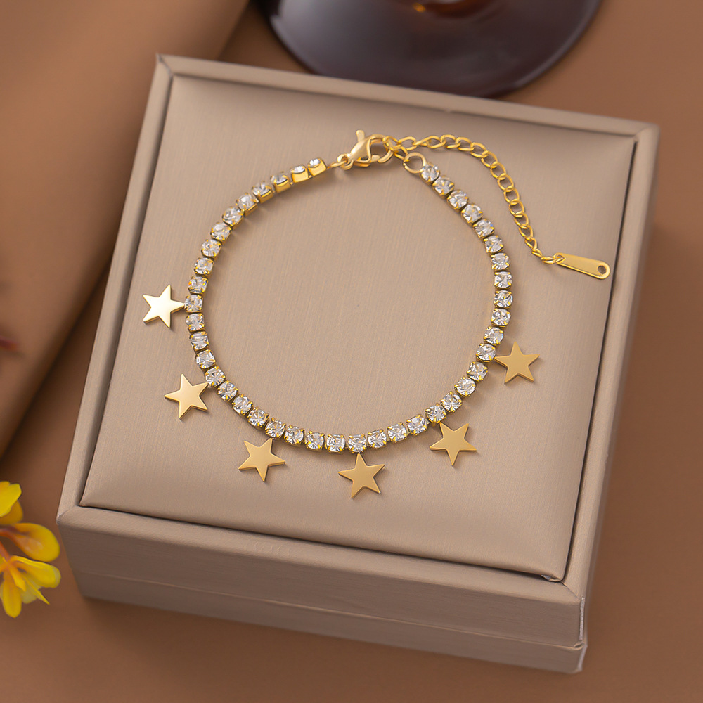 304 Stainless Steel 18K Gold Plated Lady Plating Inlay Star Artificial Rhinestones Bracelets Necklace display picture 3