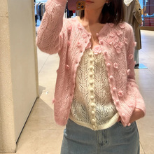 镂空翻花马海毛针织开衫早春新品圆领立体手钩花上衣长袖毛衣外套