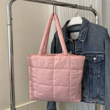 时尚感方格棉服包新款大容量韩版纯色托特包洋气绣线单肩手提包女