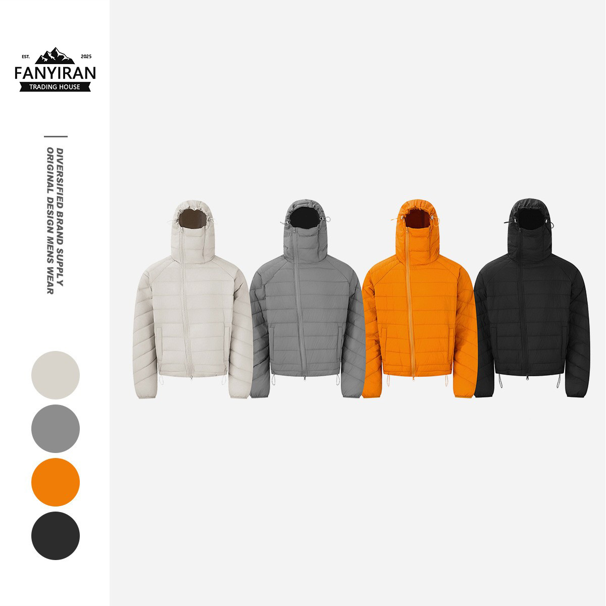 Forn3 Winter Rib down Jacket Men's Loose Trendy Brand Warm Diagonal Zipper Windproof Hooded 90 Velvet Jacket N1761