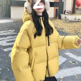 黄色连帽短款羽绒服女2025新款韩版加厚面包服外套图片色针织面料