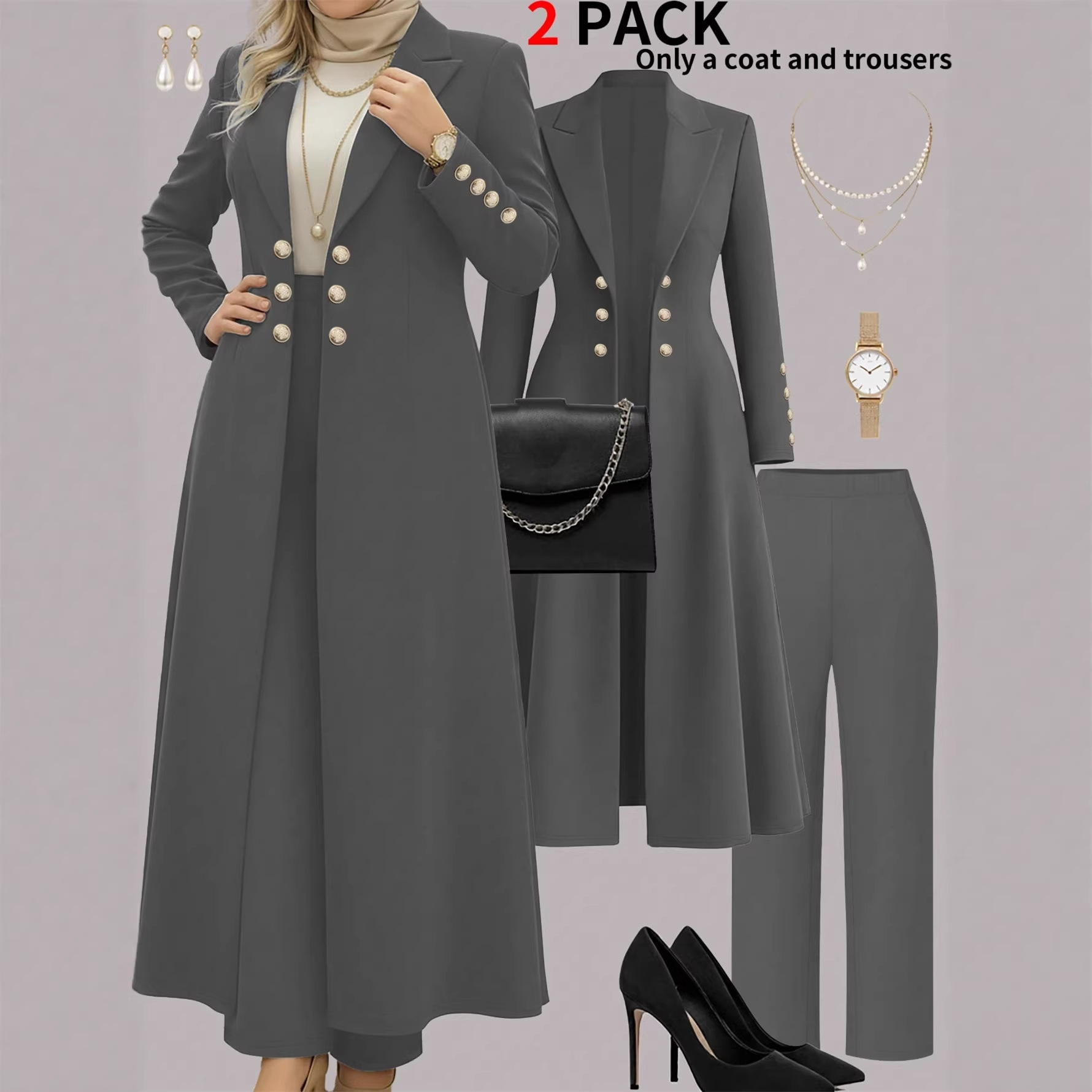 Plus Size Elegant Retro Style Suit Coat Casual Straight Leg Trousers Waist Cinching Long Coat Set_ecoleips.com