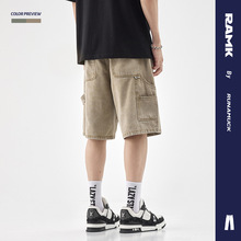 RAMK#日系复古工装短裤男系带宽松潮流口袋美式高街牛仔五分裤子