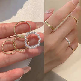 组合戒指4只装~冷淡风珍珠素圈叠戴关节戒女ins哑金感指环潮