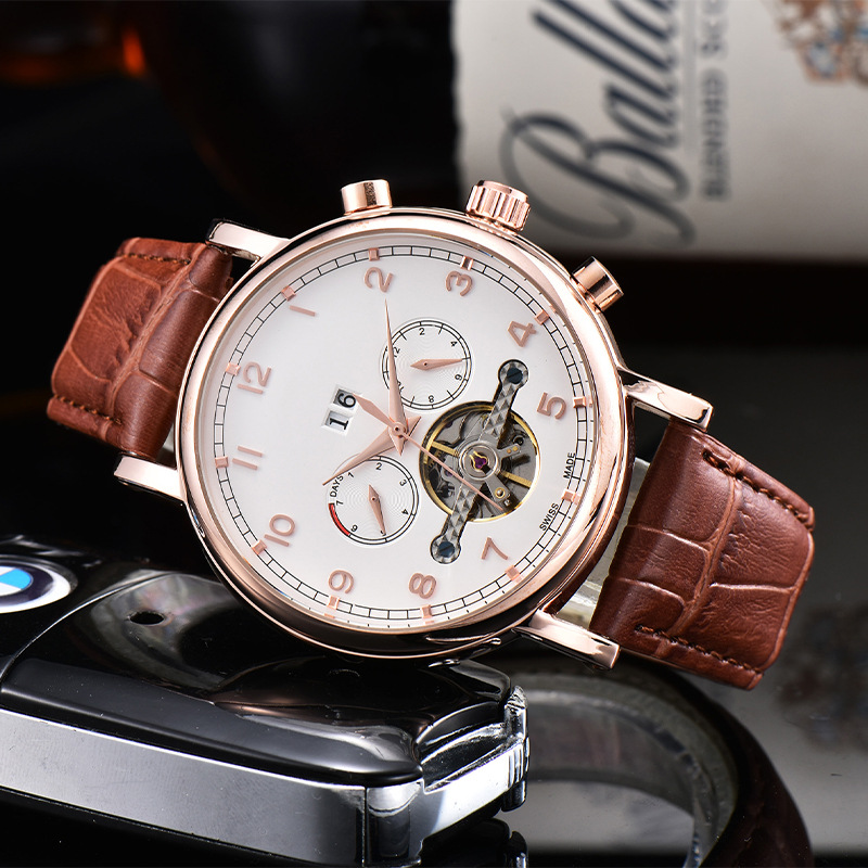 速卖通男士自动机械手表高品质万牌五针陀飞轮日历皮带手表外贸专