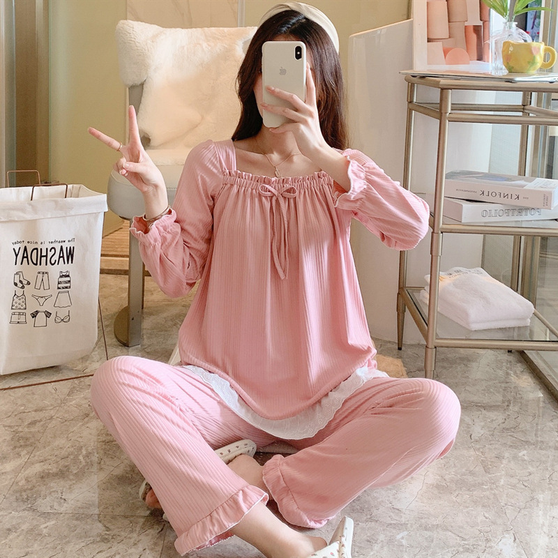 Otoño nuevo pijama de mujer fuera del cuello de seda de leche pantalones de manga larga color sólido dulce lindo traje de casa se puede usar fuera