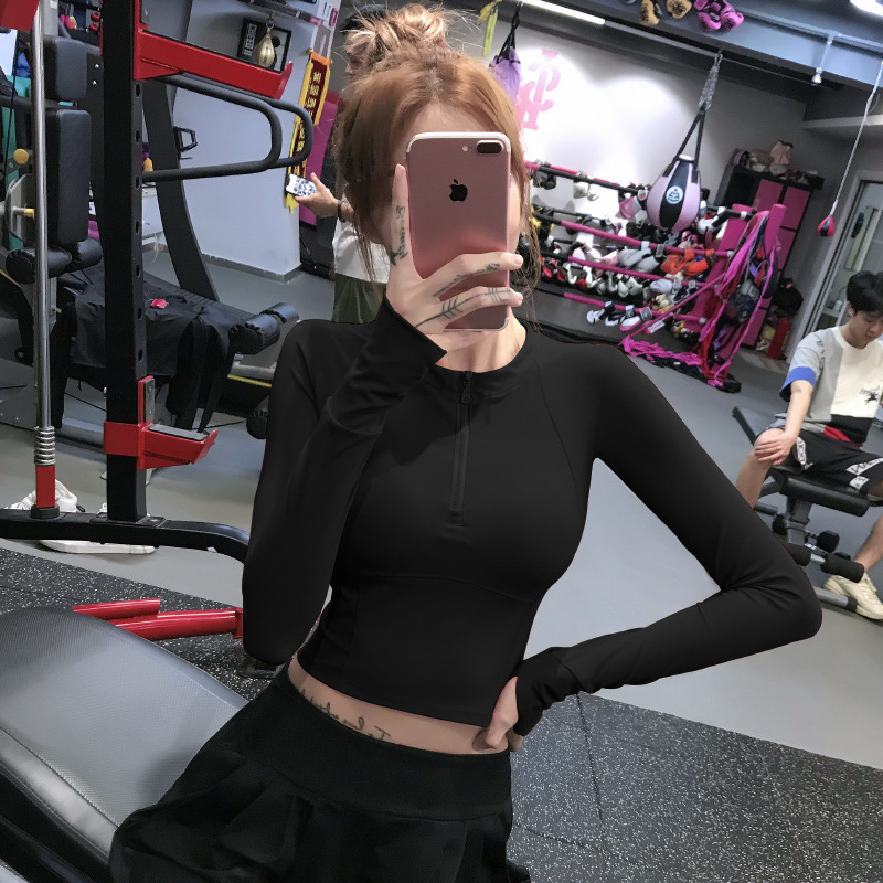 Fitness Long-Sleeved Stretch Yoga Clothes for Women in Autumn and Winter Slim Running Slimming Half-Zip Fitness Sports Tops
