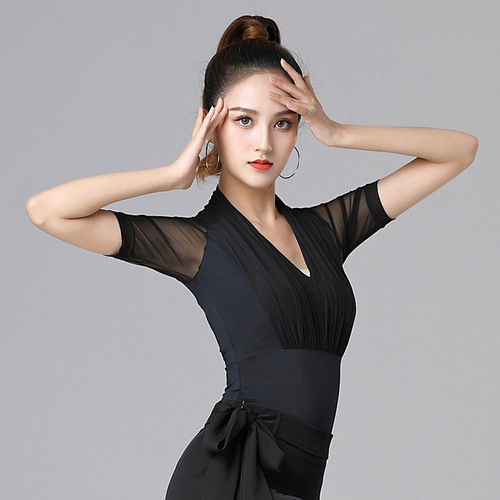 Ballroom dance clothing network summer red Latin dance clothing tops women's modern dance practice clothing pleated mesh short sleeves