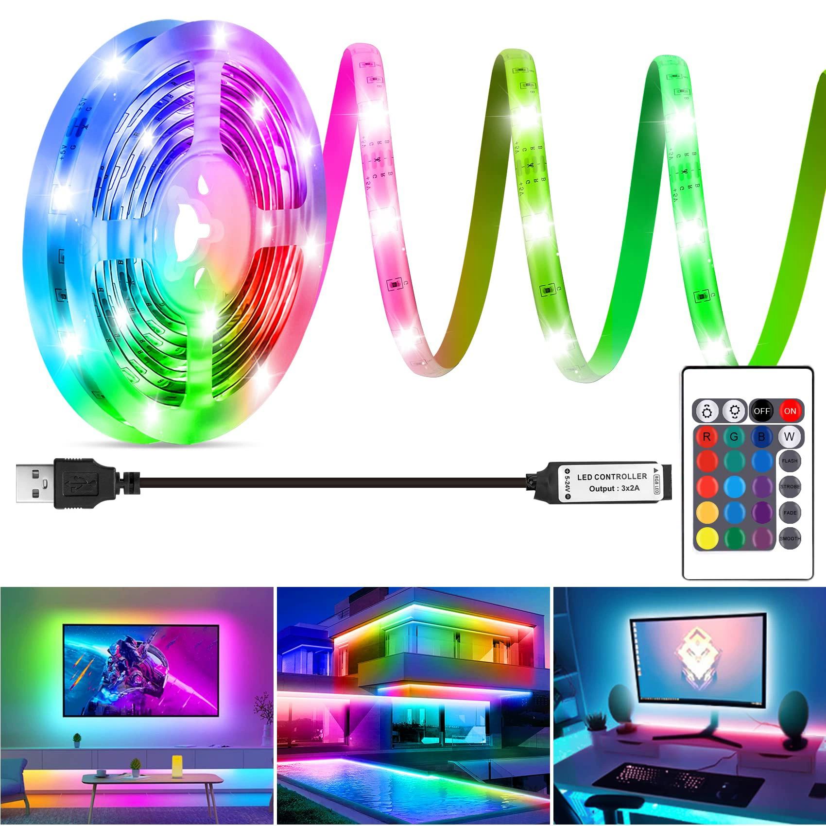Накладная светодиодная лента RGB 5050 5В, многоцветная с регулируемой яркостью, управление Bluetooth/инфракрасное