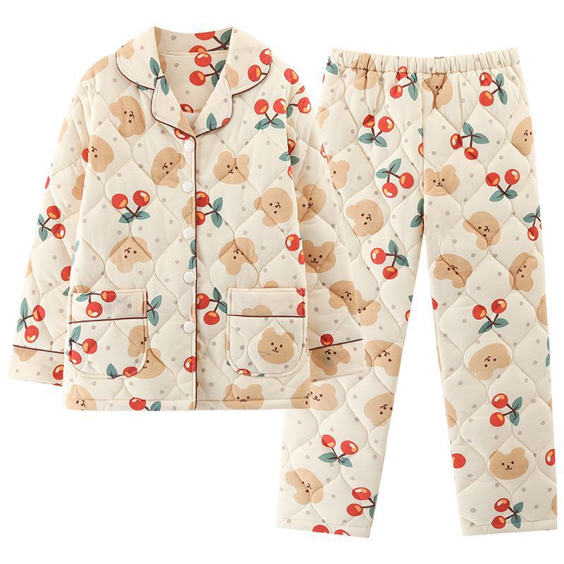 100% algodón engrosado de tres capas de las mujeres acolchadas de otoño e invierno pijamas estilo occidental simple traje de desgaste para el hogar
