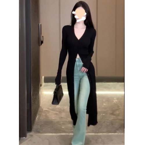 French Black Sheer Ice Silk Knit Collar Dress for Women - Summer Fitted Slimming Elegant High Slit Hip-Length Dress