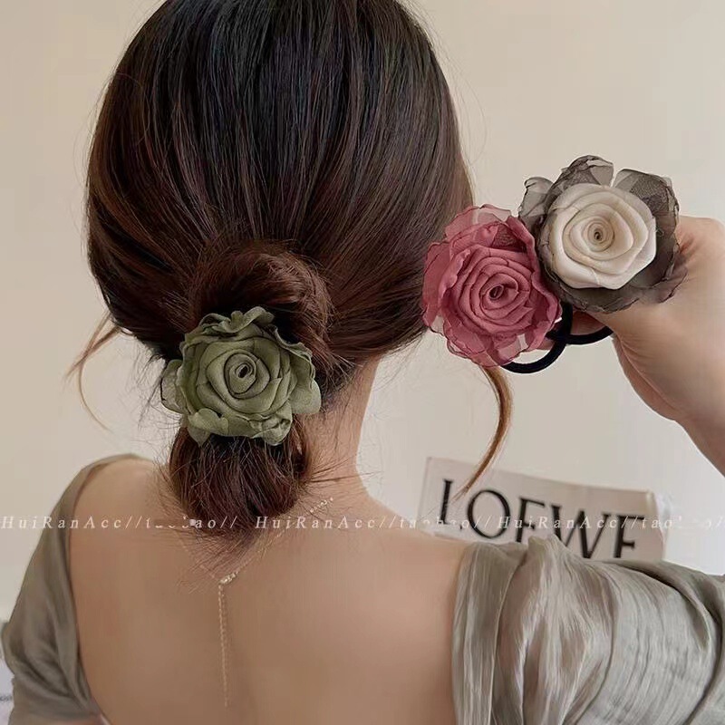 New French Retro Rose Flower Girls Hair Rope Headband Rubber Band High-End Fabric Kidsren's Hair Tie Headwear