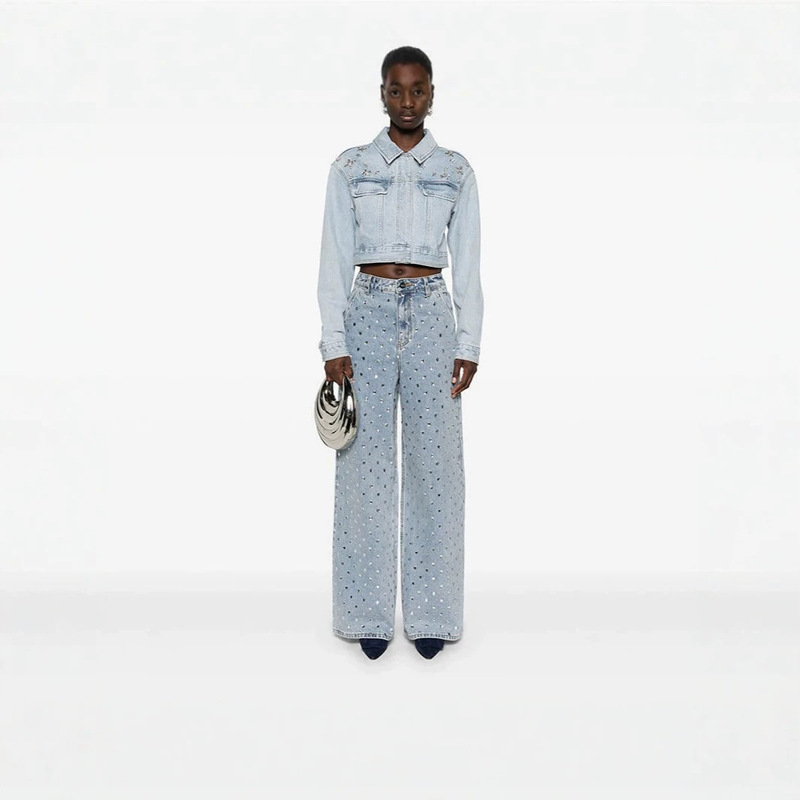 Customized Cross-Border Women's Low-Waist Straight-Leg Loose Retro Washed Jeans with Full Rhinestones, Shiny and Sexy Streetwear