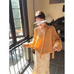 立体花朵飘带v领软糯毛衣针织衫女春秋季慵懒风宽松休闲长袖上衣